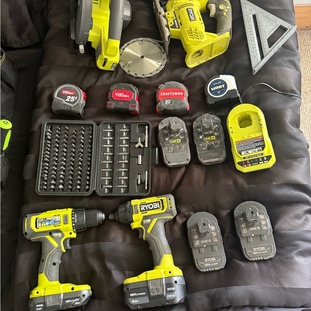 Power Tool Set with Drills, Batteries, Charger and Measuring Tools